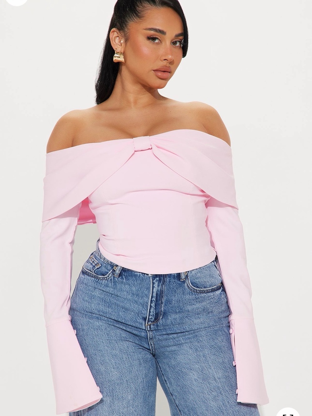 FashionNova baby pink off the shoulder bell sleeved top